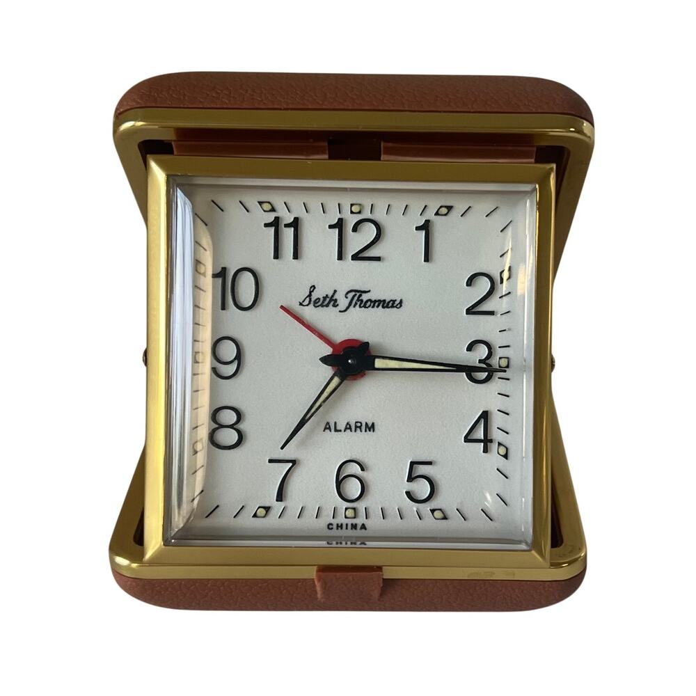 Seth Thomas Folding Travel Alarm Clock Wind Up Brass Tone Tan Case Tested Works